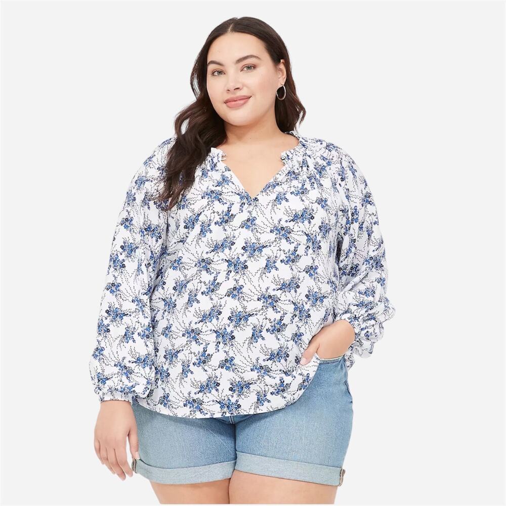 Lane Bryant Lightweight Floral Blouse Swing Popover Top Size 14 - 16 White Blue